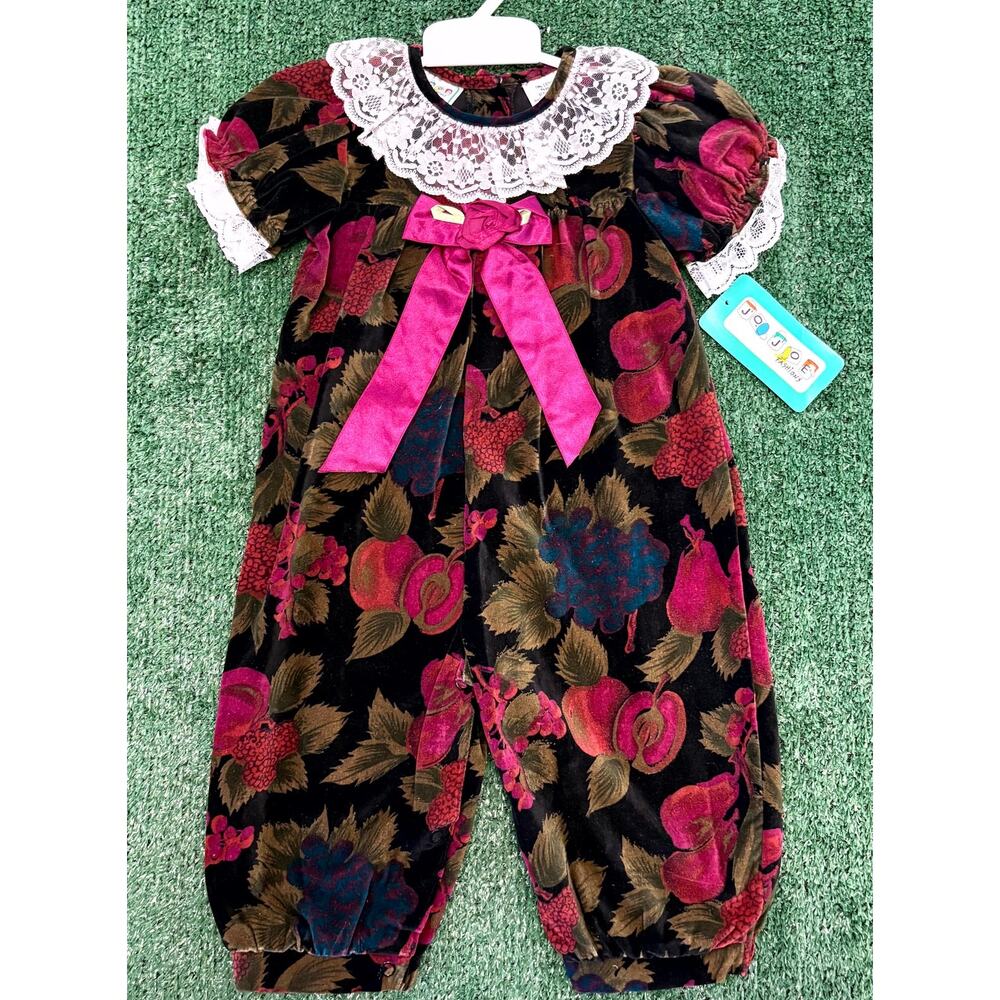 Vintage 80s Jo Joe Fashions Jumpsuit Girls 18 Months Velvet Floral Lace Collar